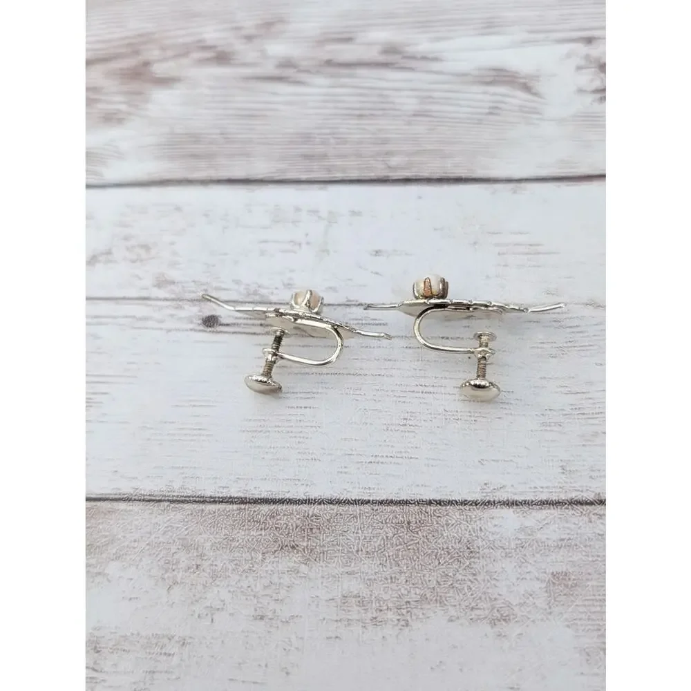 Vintage Screw Back Earrings Mismatched Leaves with Faux Pearls Condition Issues